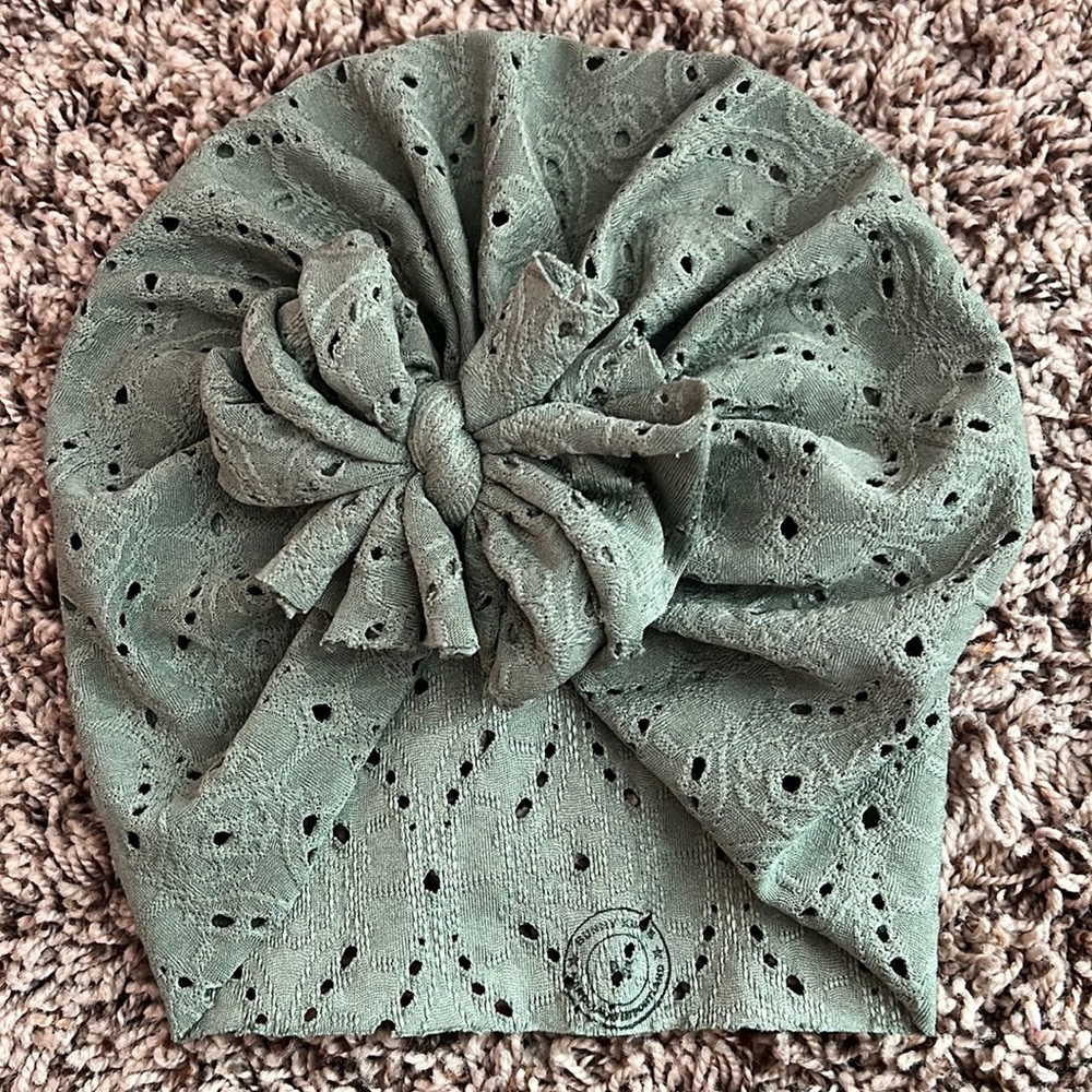 Bunny Knots sage green eyelet turbain bow for baby hair. size medium